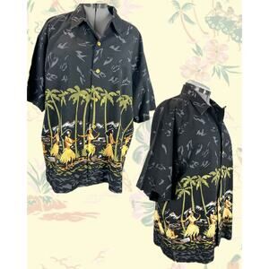 Vintage 80/90s Quiksilver Black Moonlit Beach Hula Dancers Hawaiian Shirt Size L